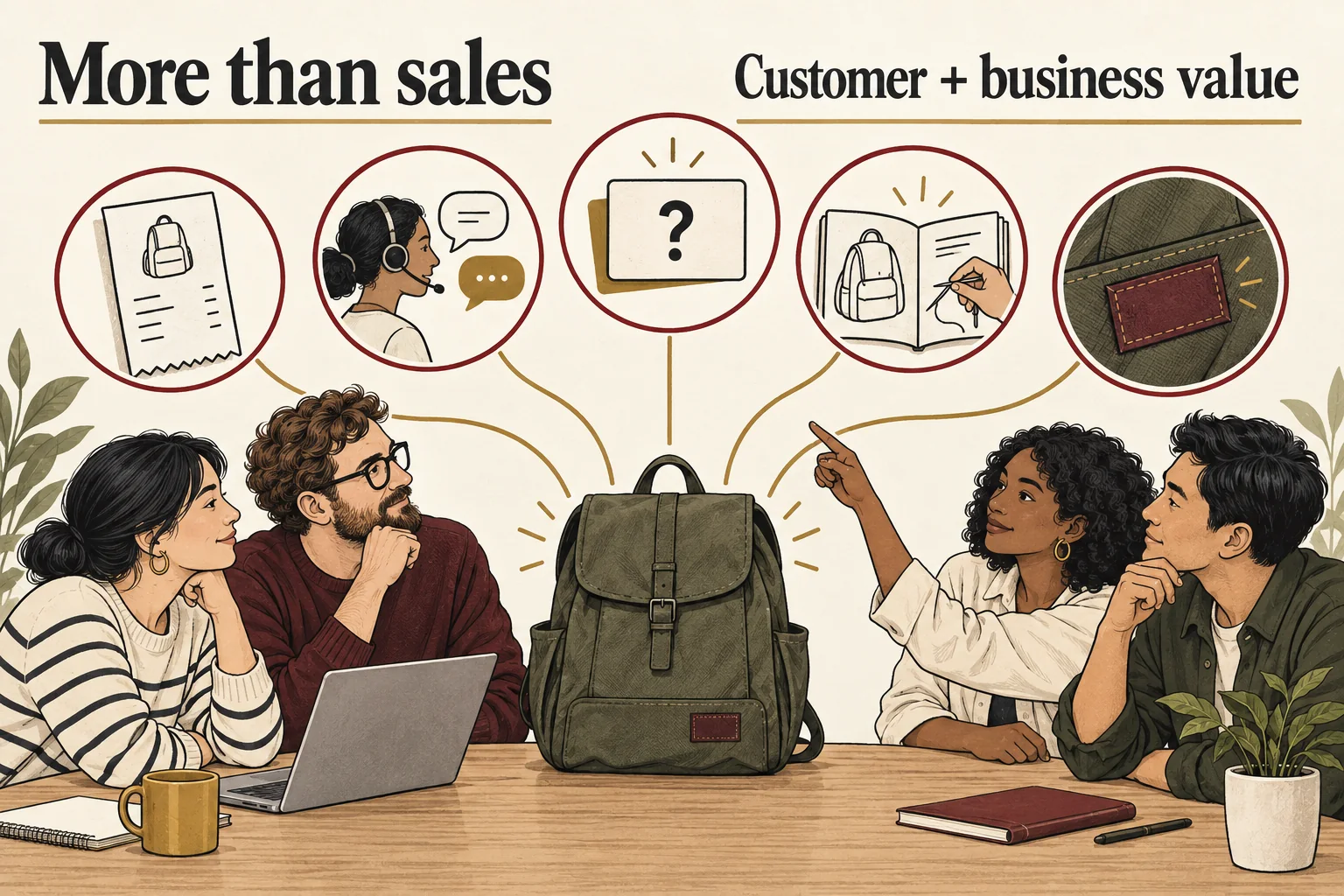 An ecommerce team considers sales, customer help, dialogue, efficiency and brand experience around a repairable backpack