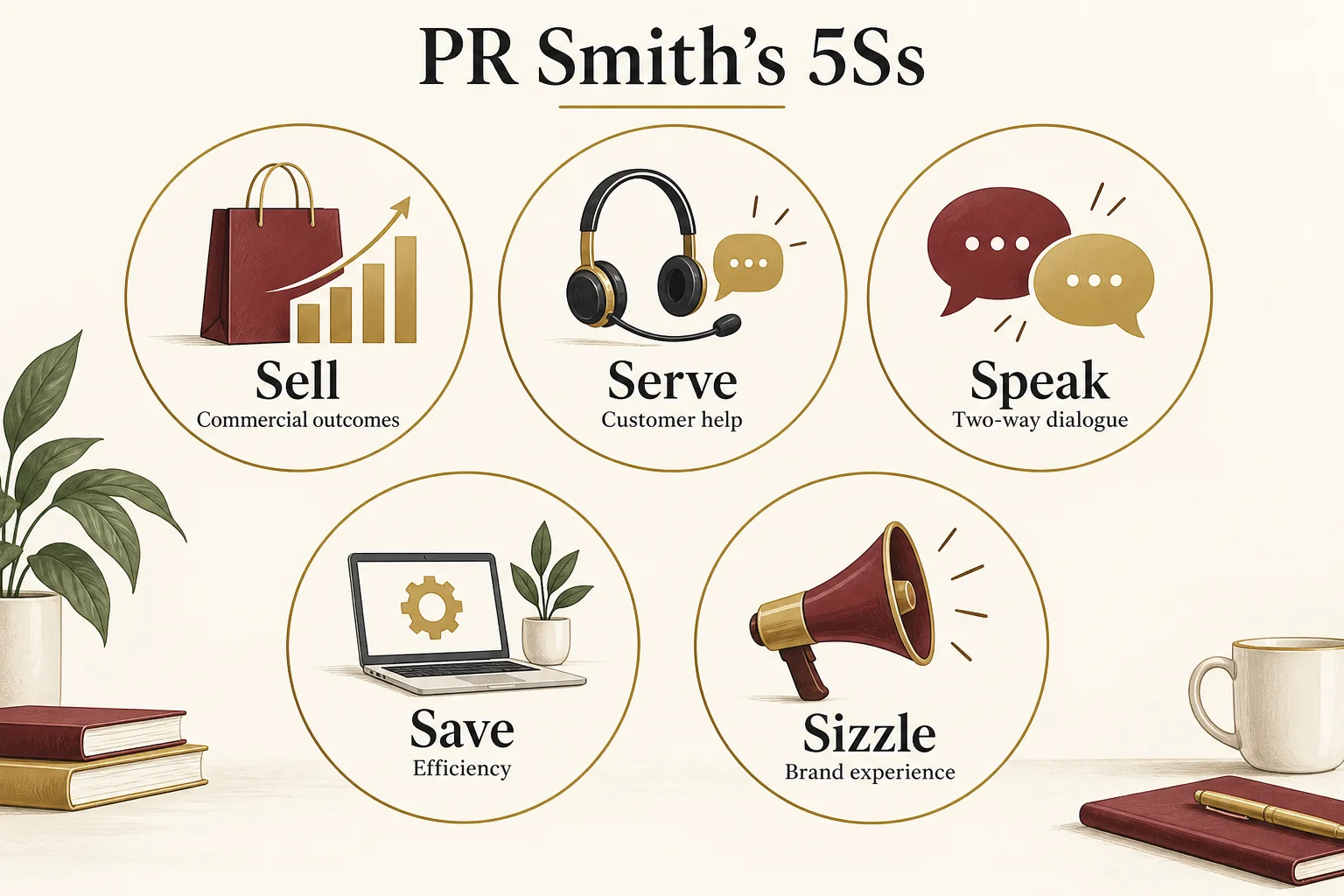 Five parallel goal categories are Sell for commercial outcomes, Serve for customer help, Speak for dialogue, Save for efficiency and Sizzle for brand experience