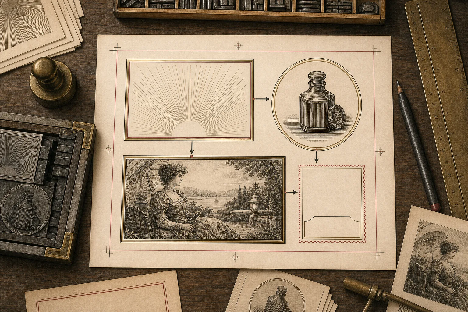 Top-down engraved illustration of a print advertisement assembled from attention, product detail, aspiration and order elements