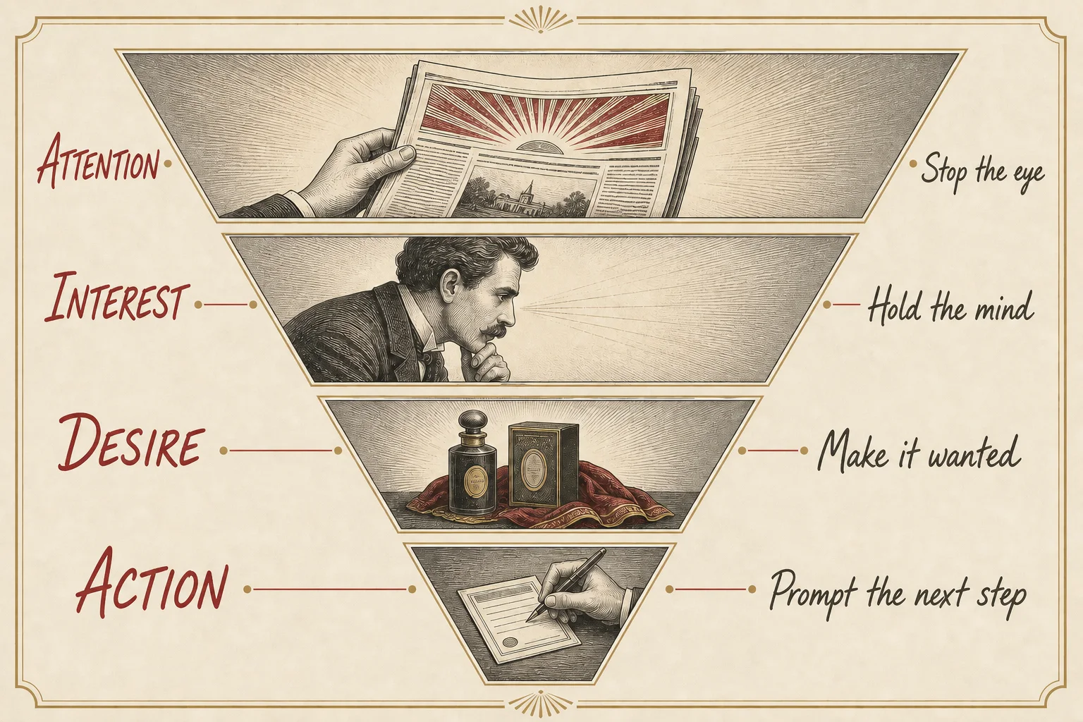 Labeled vintage engraved AIDA funnel showing Attention, Interest, Desire and Action with a plain-language job beside every stage