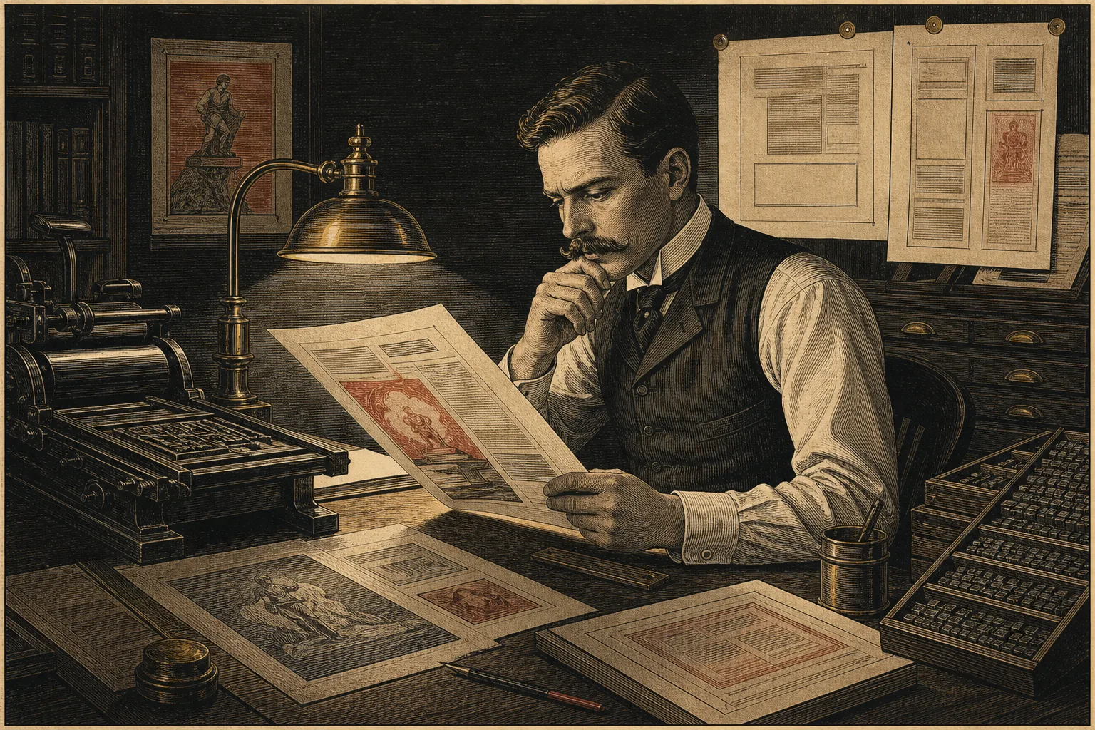 Engraved illustration of a late 1890s advertising copywriter reviewing a print advertisement beside a letterpress
