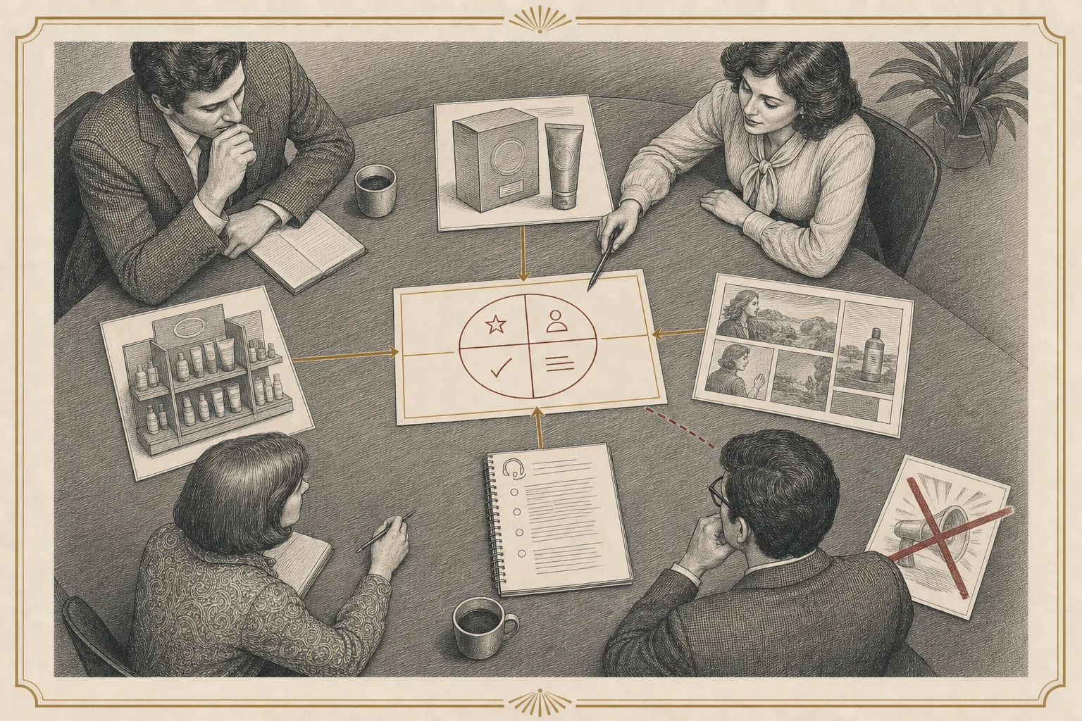 Top-down engraved brand team arranging audience, category, difference and proof materials around one central positioning statement