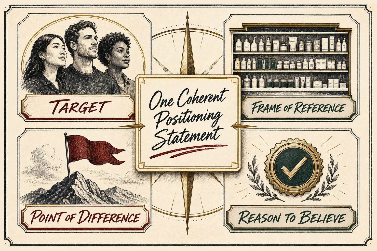 Labeled editorial compass showing Target, Frame of Reference, Point of Difference and Reason to Believe around one coherent positioning statement