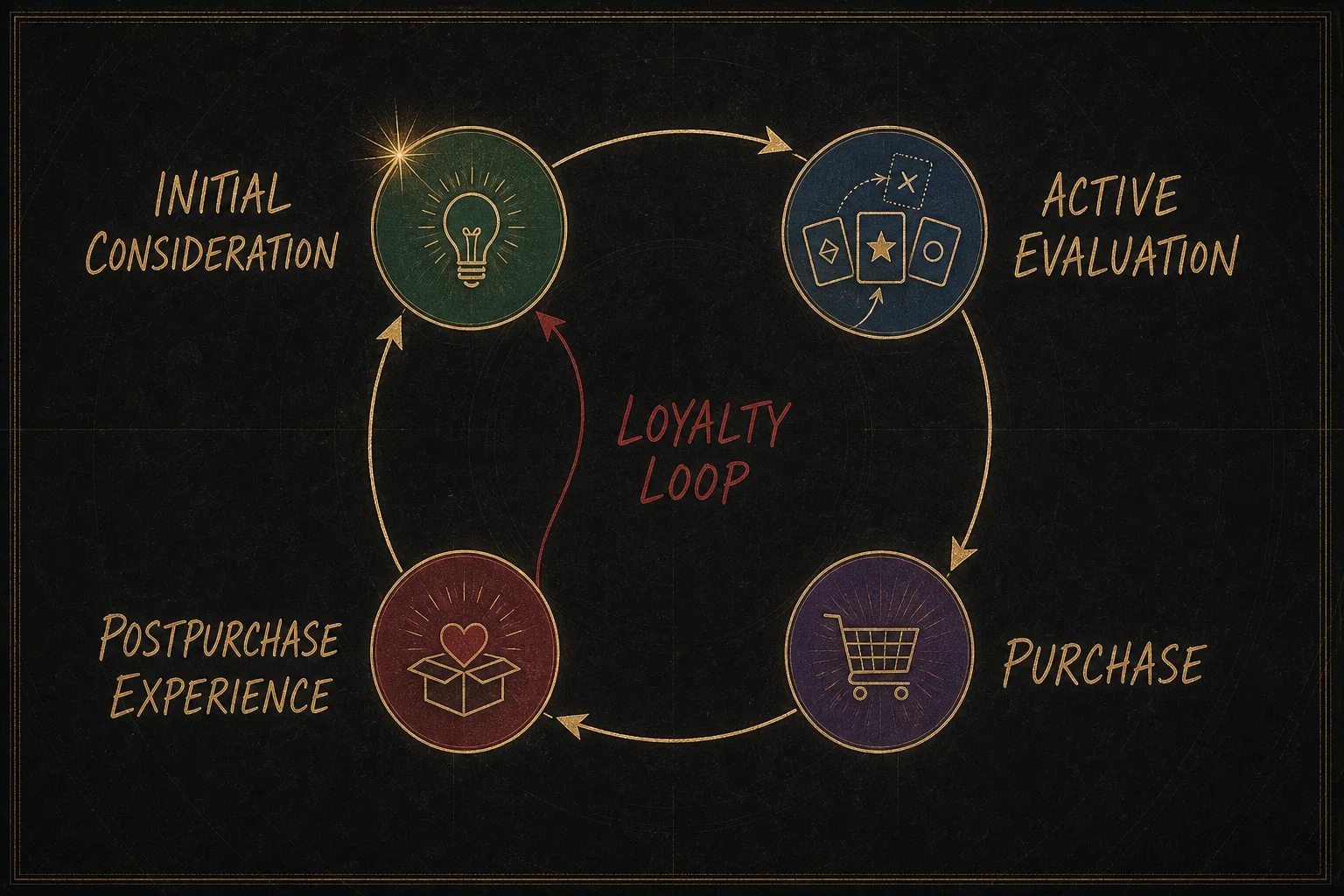 Labeled circular consumer decision journey showing initial consideration, active evaluation, purchase, post-purchase experience and the loyalty loop