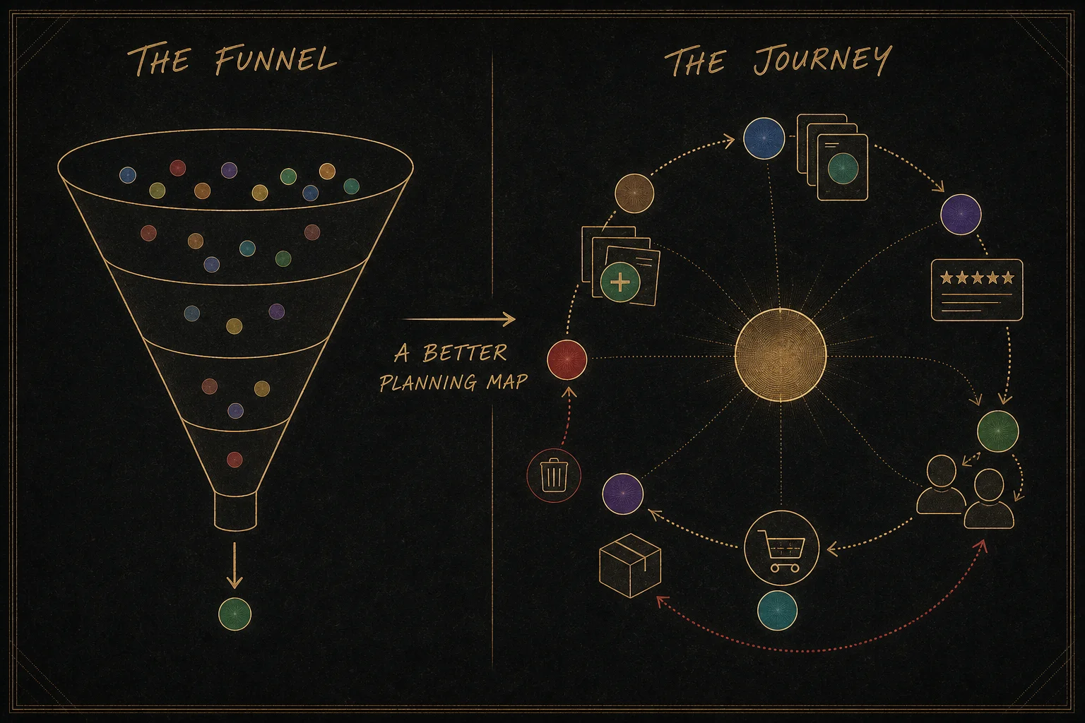 Side-by-side dark diagram comparing a linear purchase funnel with a circular multi-touch consumer journey planning map