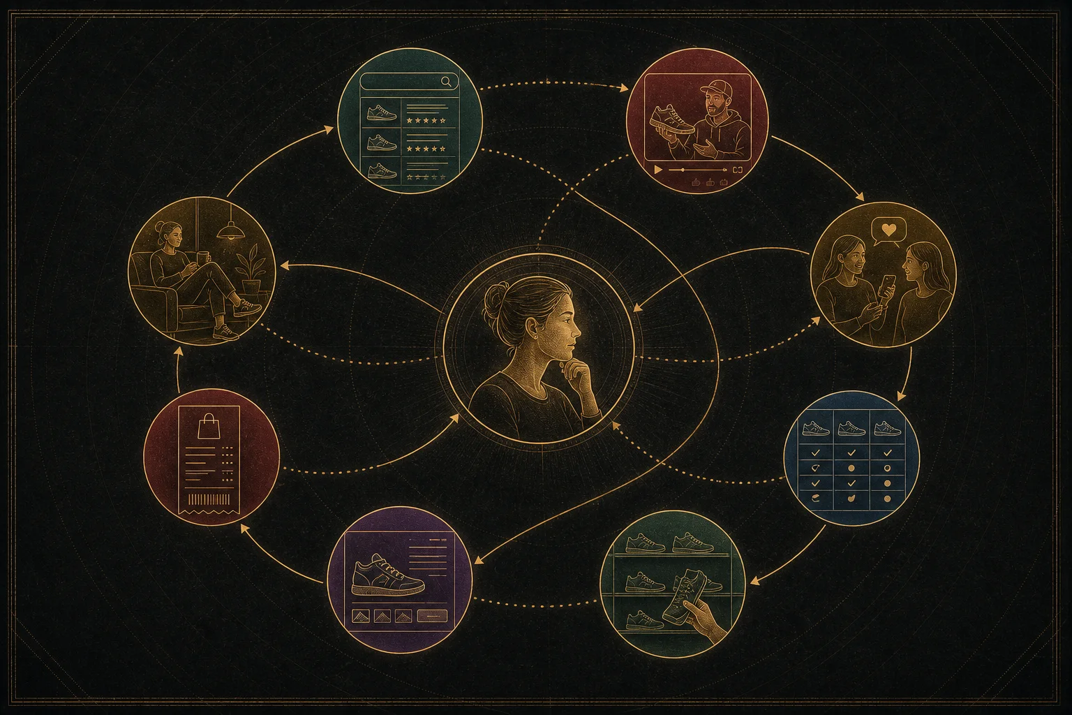 Dark editorial orbit showing a shopper connected to search, video reviews, friends, comparisons, stores, product pages, purchase and product use