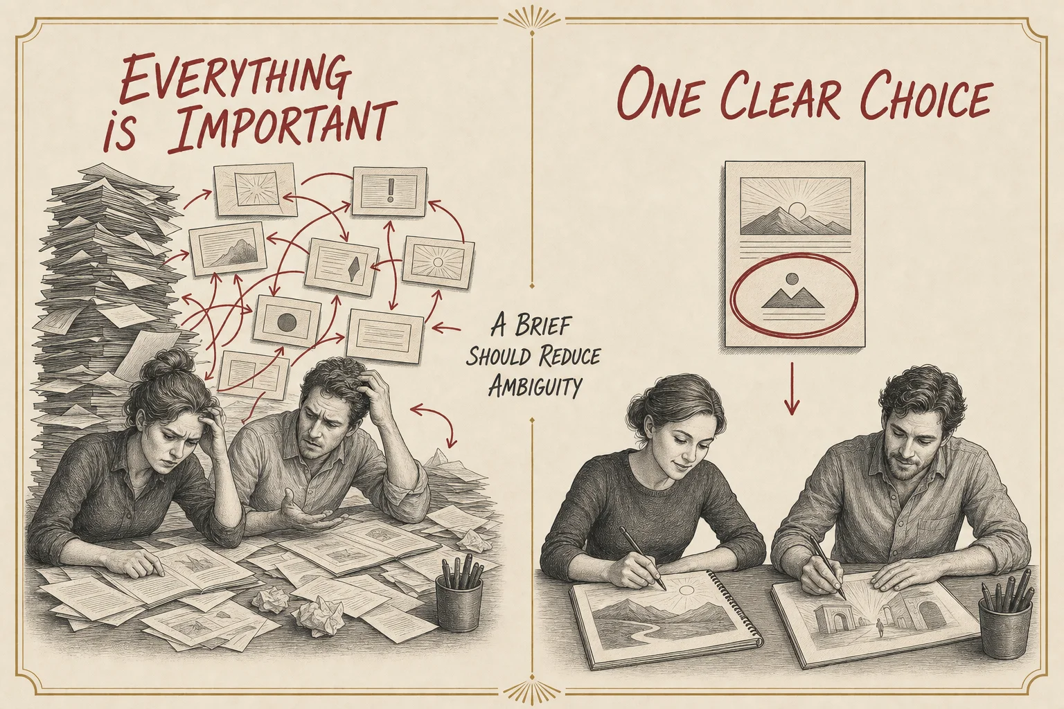 Split engraved comparison between an overwhelming brief where everything is important and a focused brief built around one clear choice