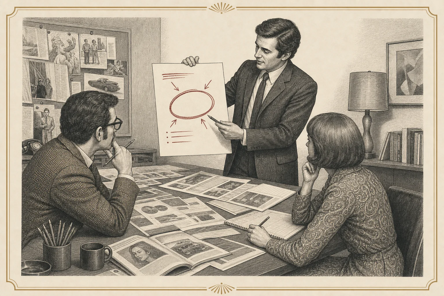 Engraved late-1960s agency briefing session where a strategist presents one clear page to an attentive copywriter and art director