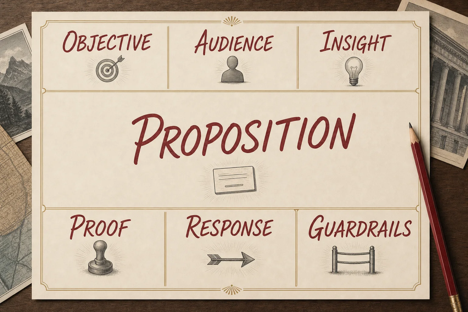 Labeled one-page creative brief showing Objective, Audience, Insight, Proposition, Proof, Response and Guardrails with proposition at the center