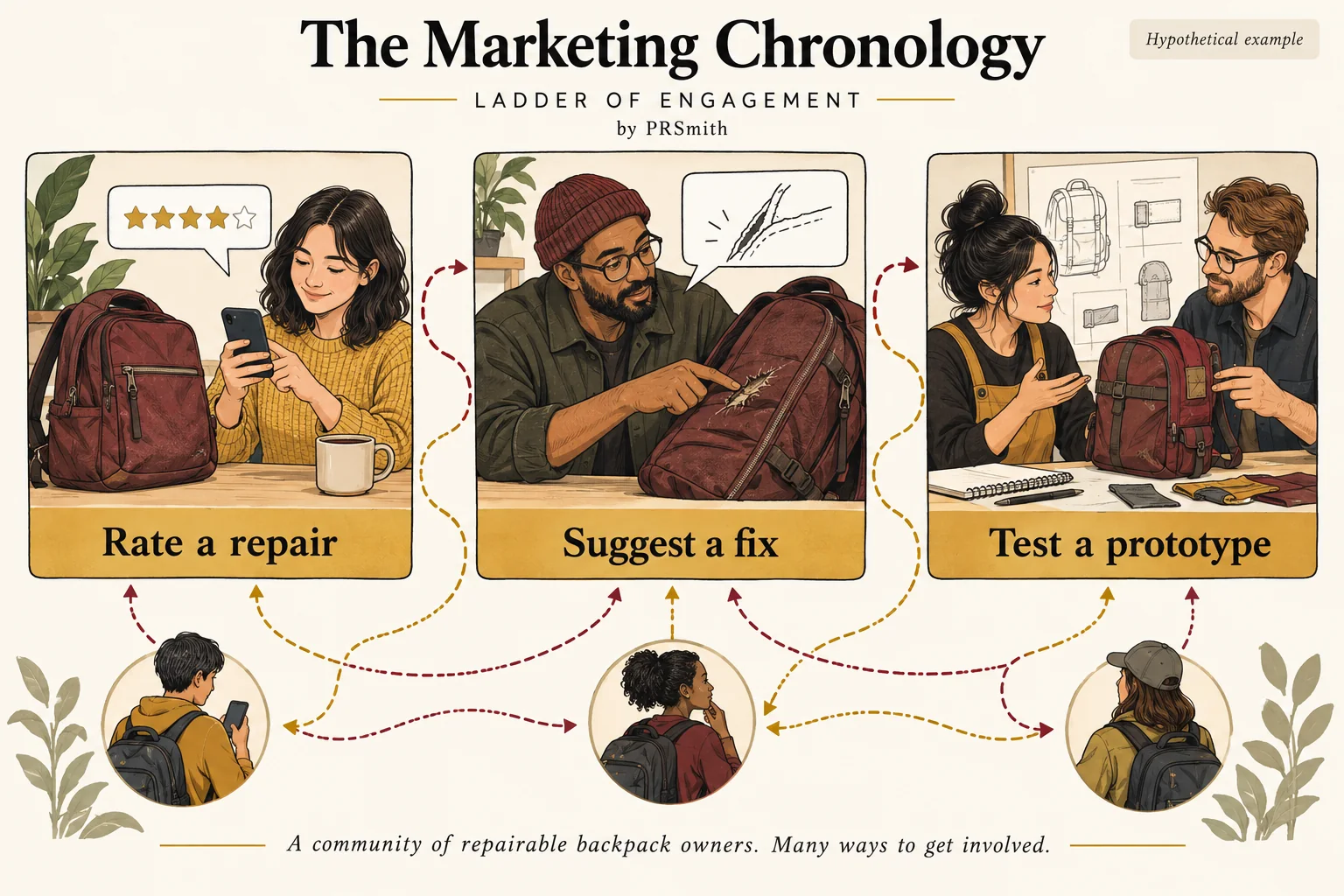 Fictional backpack owners can rate a repair, suggest a fix or test a prototype through different optional participation paths