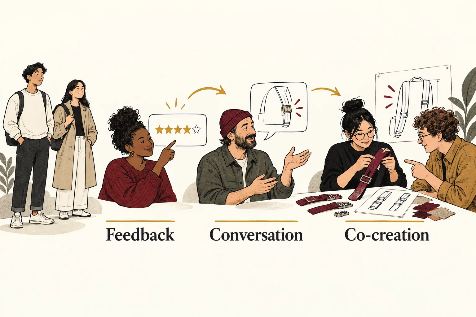 Backpack customers contribute a rating, describe an experience or collaborate with a designer while other customers simply use the product
