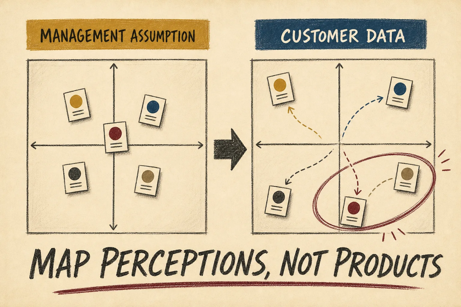 Side-by-side positioning maps showing brand positions moving when management assumptions are replaced by customer data