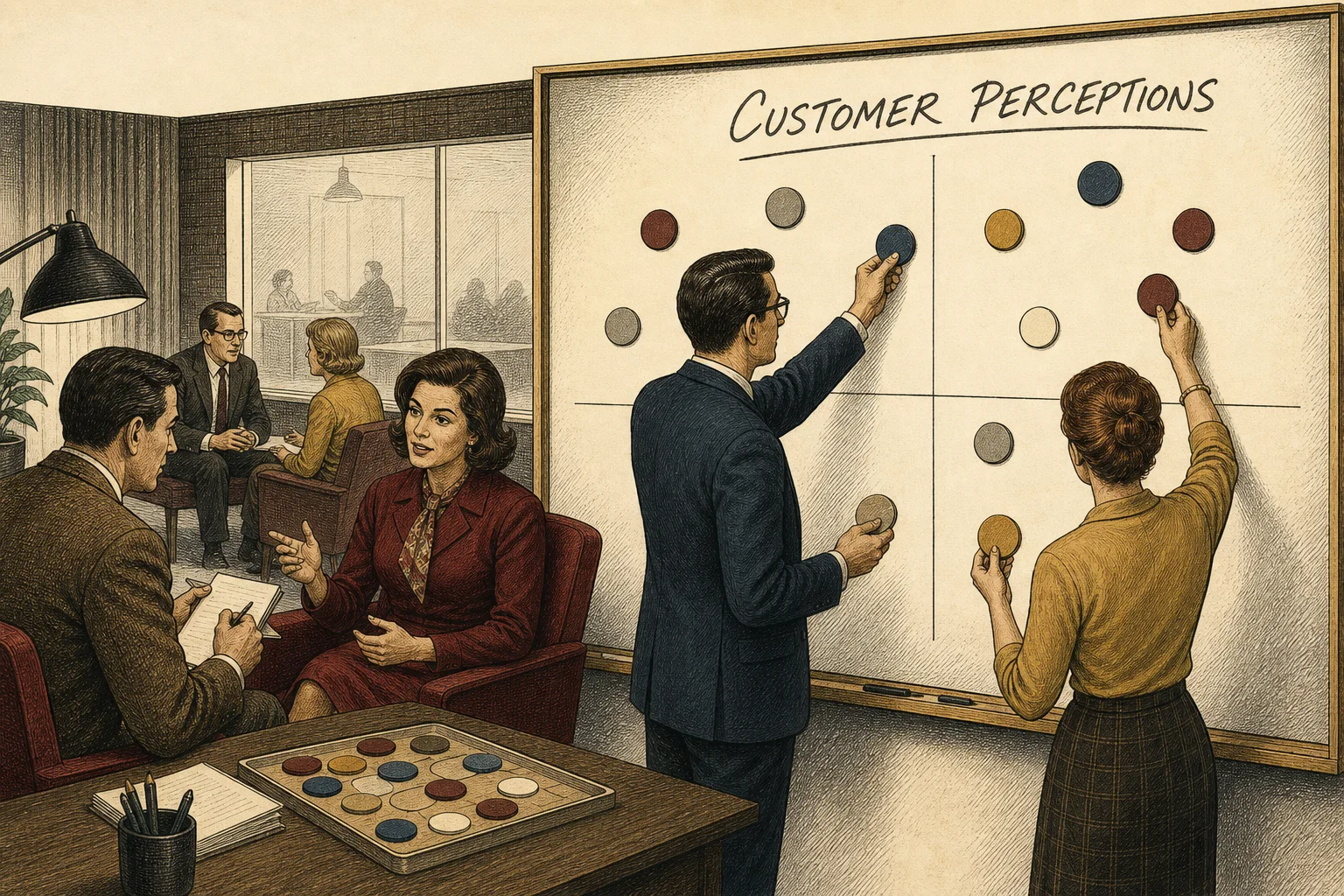 Engraved 1970s market researchers interviewing customers and placing anonymous brand tokens on a large customer-perceptions map