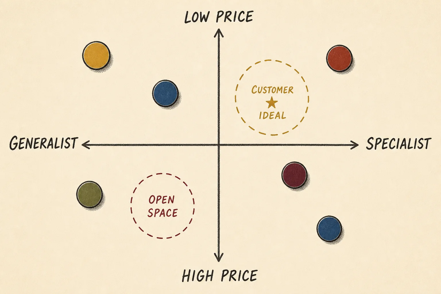 Labeled two-axis perceptual map with price and specialist dimensions, anonymous brand tokens, a customer ideal and an open space