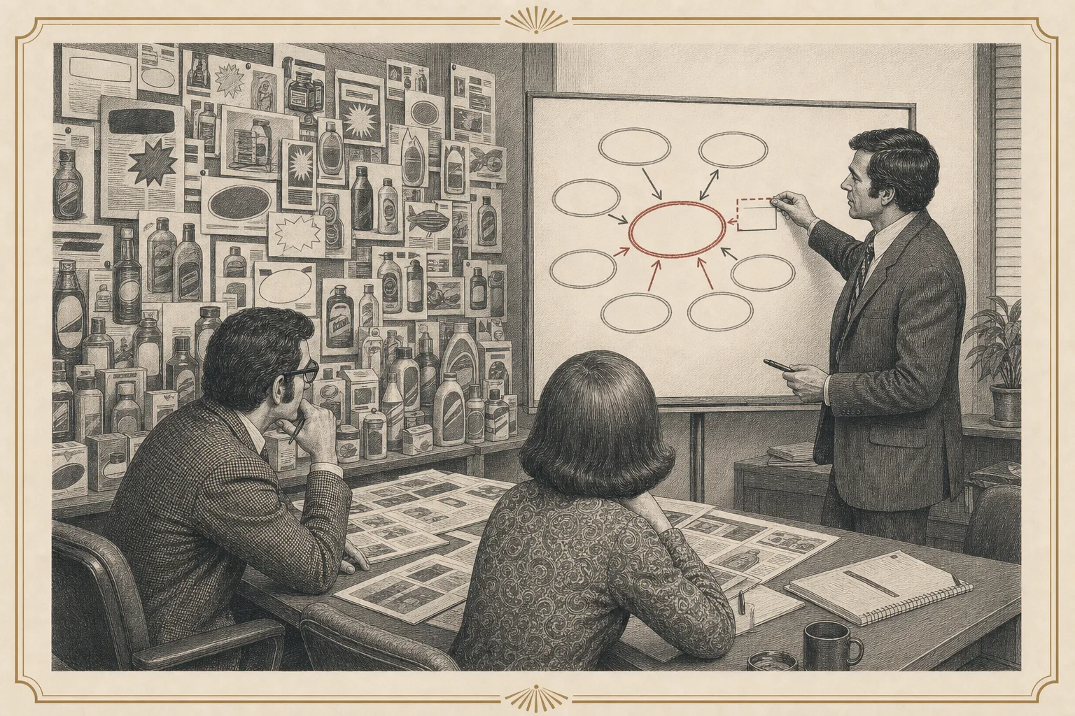 Engraved 1970s advertising office where a strategist maps one open mental position beside a wall crowded with competing product messages