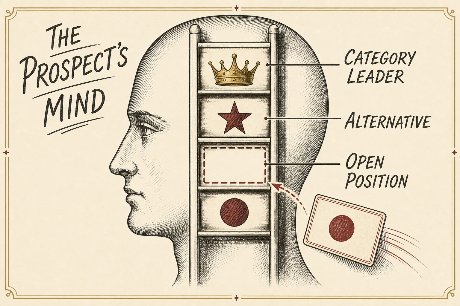 Labeled engraved diagram of a prospect's mind with category leader, alternative and an open position arranged on a mental ladder