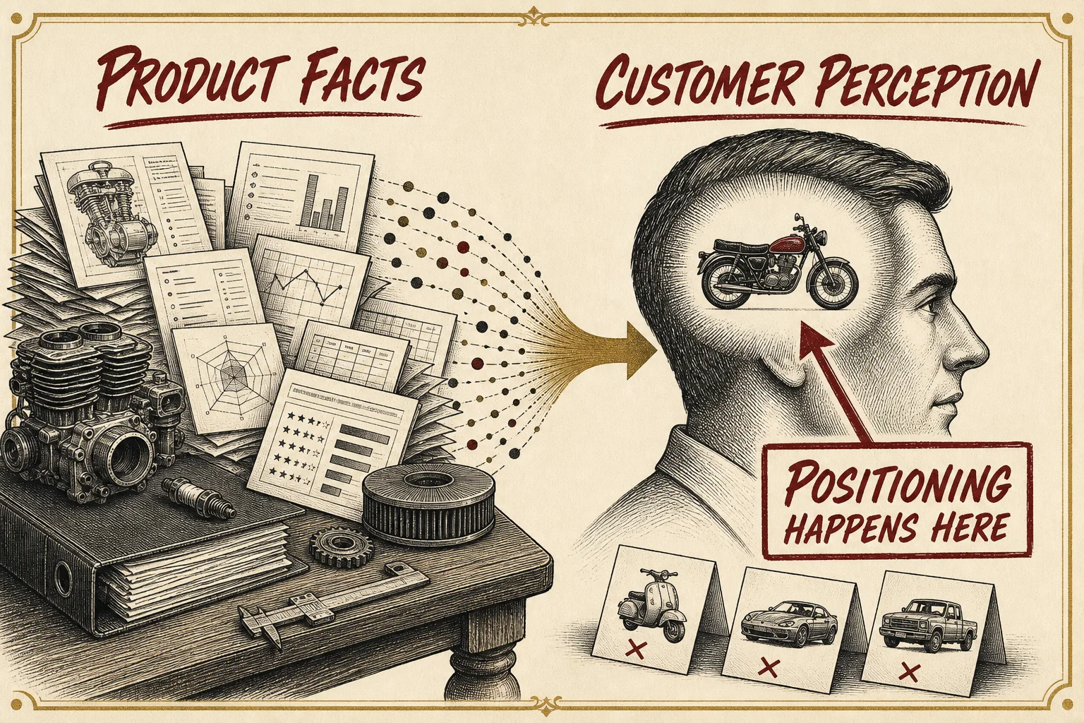 Split engraved comparison showing many product facts being reduced to one clear customer perception inside the buyer's mind