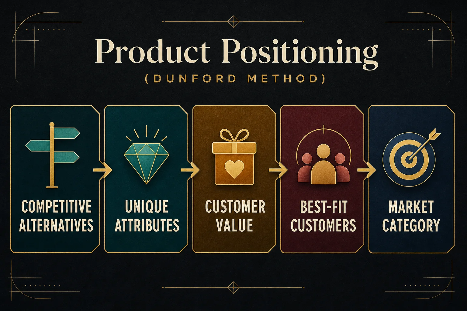 Dark editorial five-step workflow labeled Competitive Alternatives, Unique Attributes, Customer Value, Best-Fit Customers and Market Category
