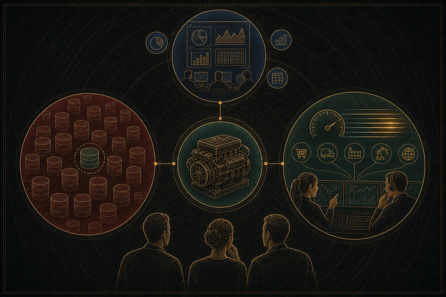 Modern editorial illustration of the same software engine connected to a crowded generic market on one side and a focused operations context on the other