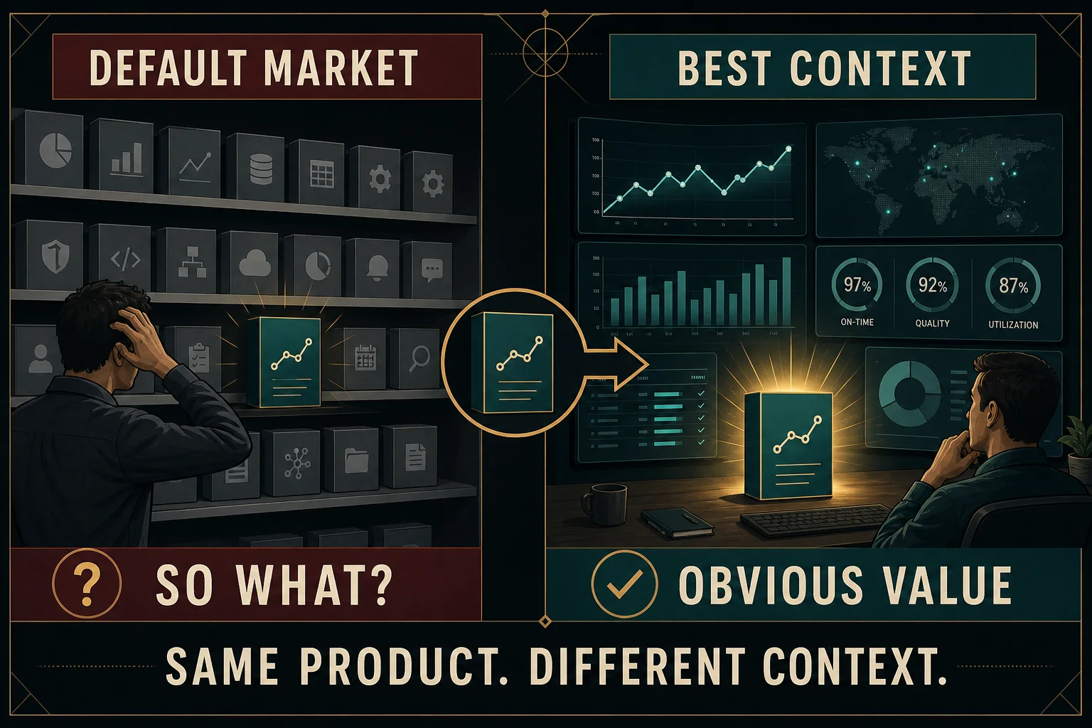 Split modern comparison showing the same analytics product ignored in a default software market and valued in a focused operational context