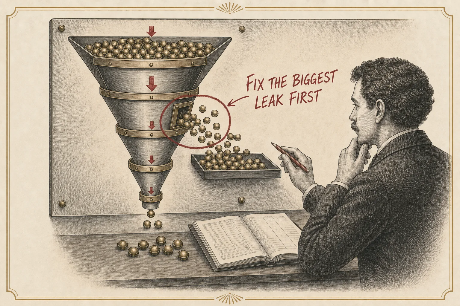 Engraved marketer inspecting a funnel where prospect counters visibly leak from one circled stage into a side tray