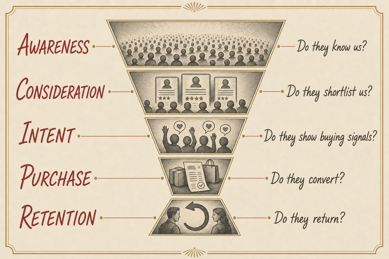 Labeled vintage purchase funnel showing Awareness, Consideration, Intent, Purchase and Retention with one diagnostic question per stage