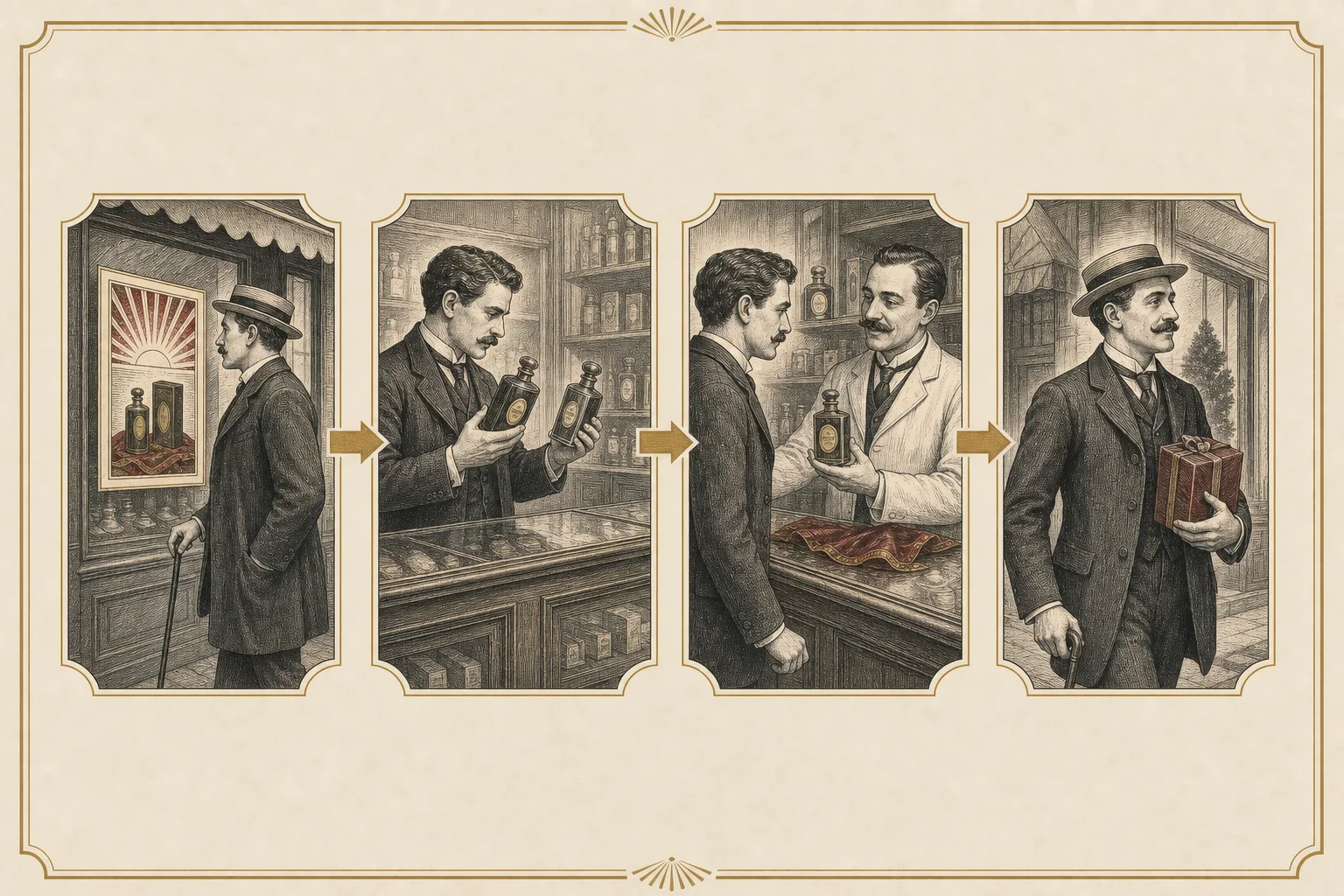 Engraved four-scene sequence showing a shopper noticing a product, comparing options, consulting a seller and leaving with a purchase