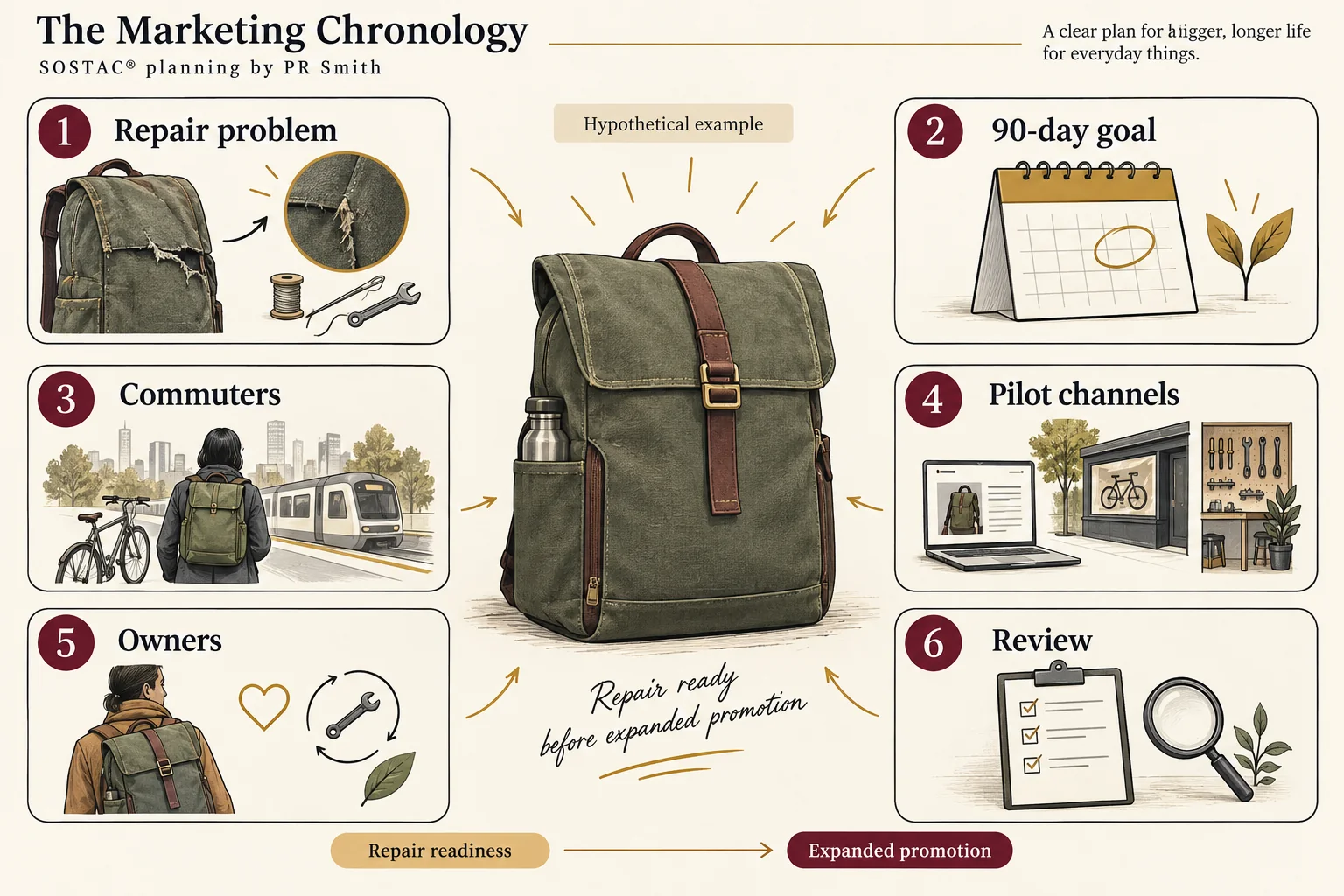 A fictional backpack pilot links its repair problem, goal, commuter strategy, channels, owners and review decisions