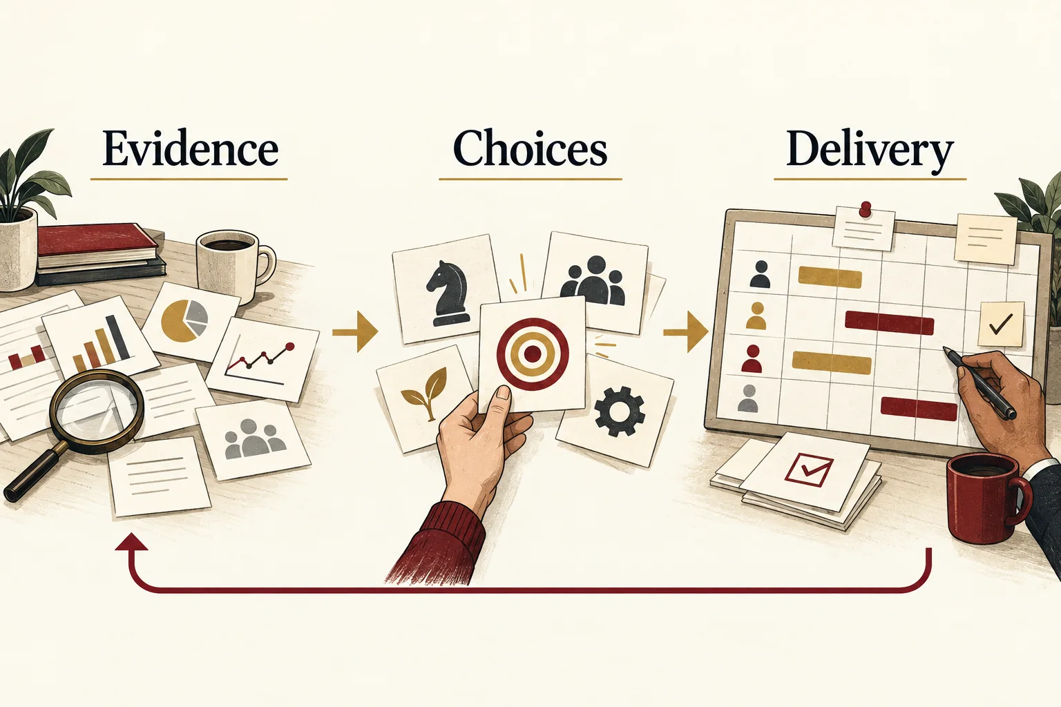 A planning team connects evidence, strategic choices and delivery responsibilities into one coordinated marketing plan