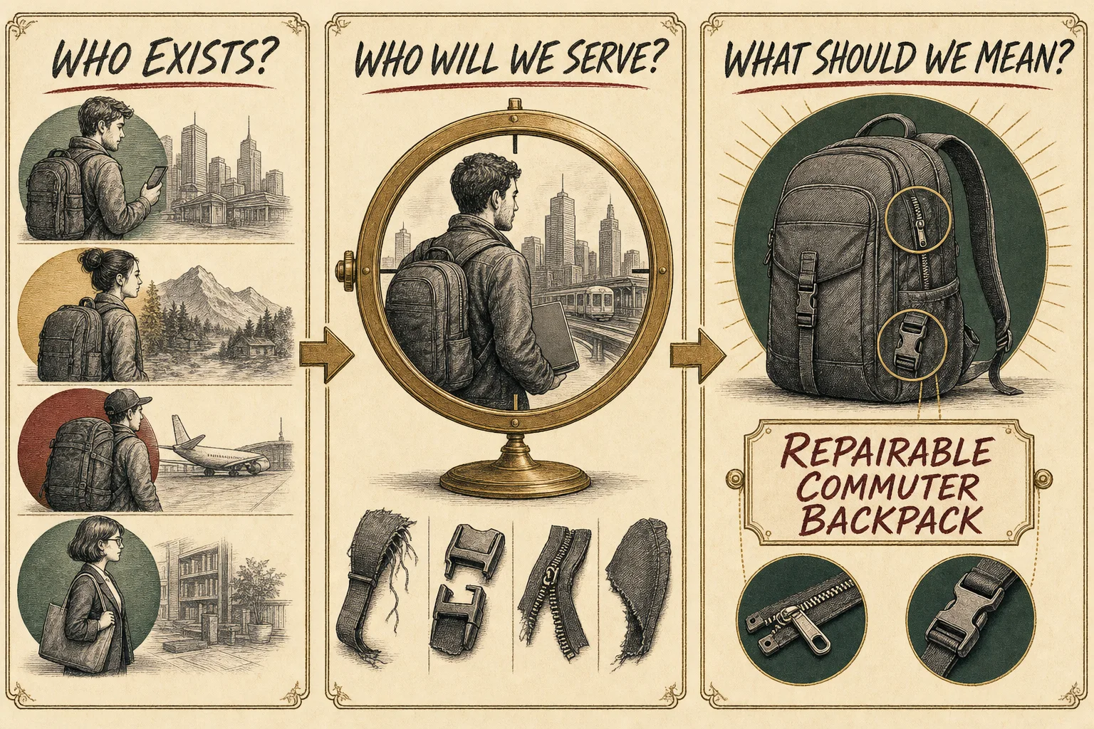 Three-panel repairable-backpack example asking who exists, whom the company will serve and what the product should mean