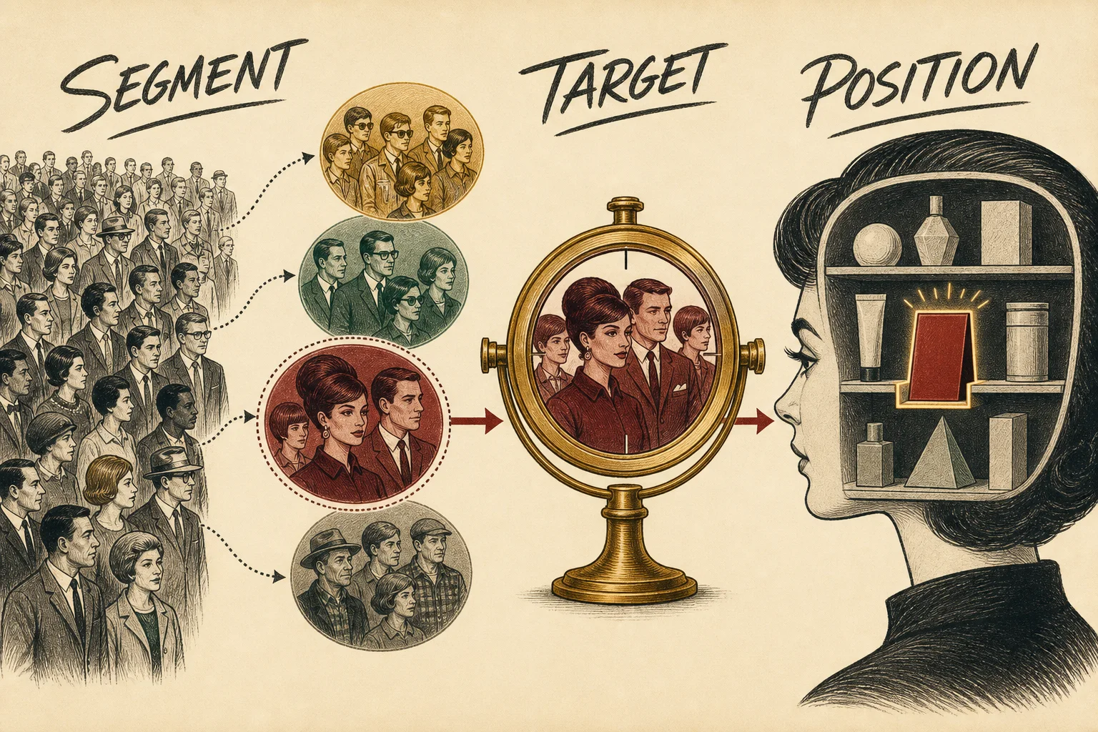 Mid-century engraved STP sequence showing a broad market divided into groups, one target selected and an offer placed in the customer's mind