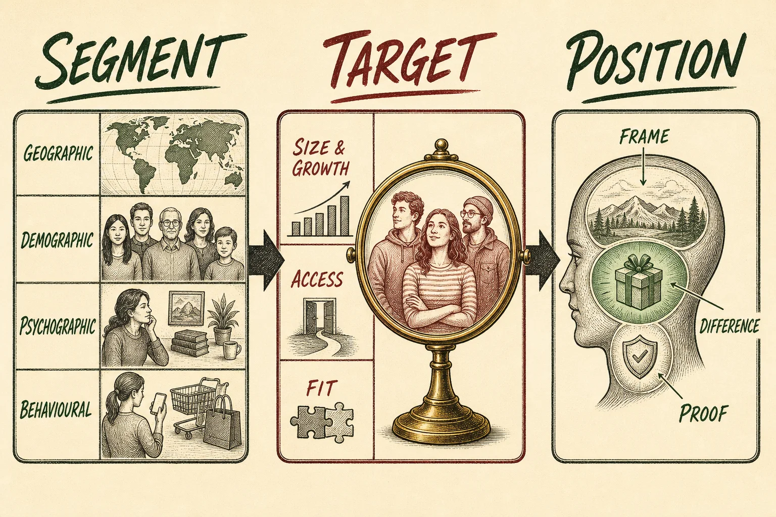 Labeled STP framework showing segmentation bases, target evaluation criteria and positioning through frame, difference and proof