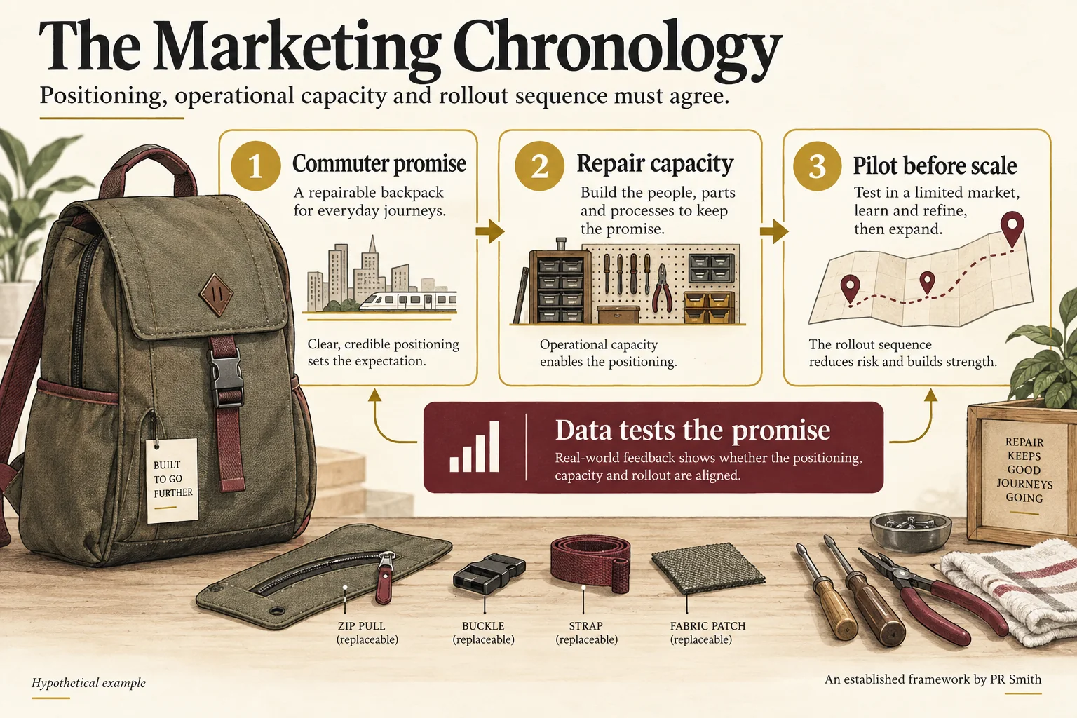 A fictional commuter-backpack strategy connects its repair promise, operational capacity and decision to pilot before scaling