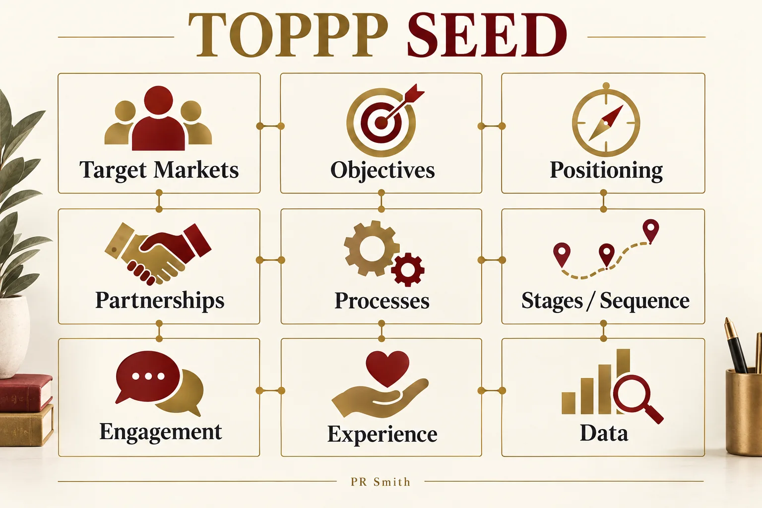 Nine connected TOPPP SEED considerations cover target markets, objectives, positioning, partnerships, processes, sequence, engagement, experience and data