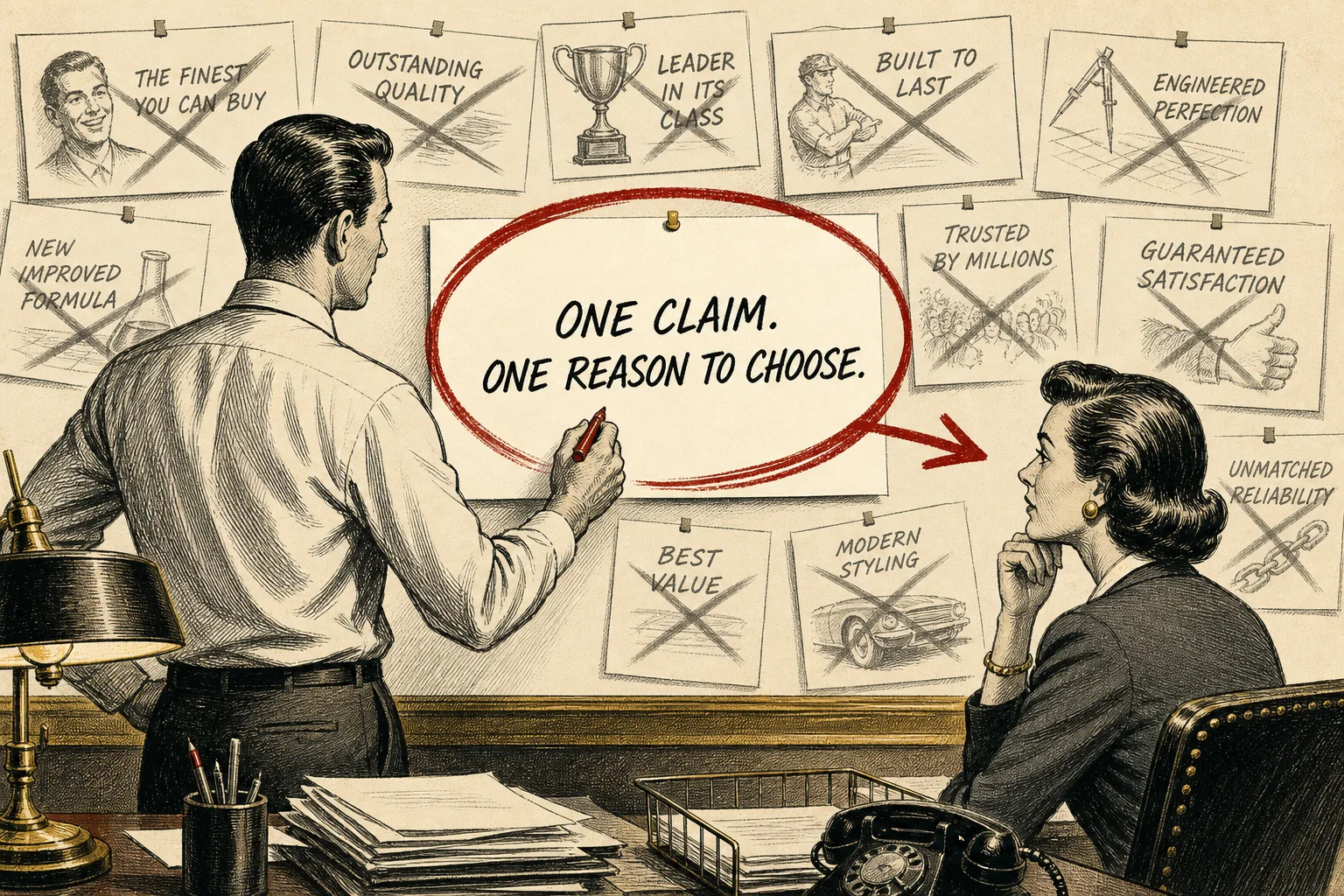 Engraved 1950s advertising office where a copywriter rejects generic claims and circles one clear reason for a buyer to choose