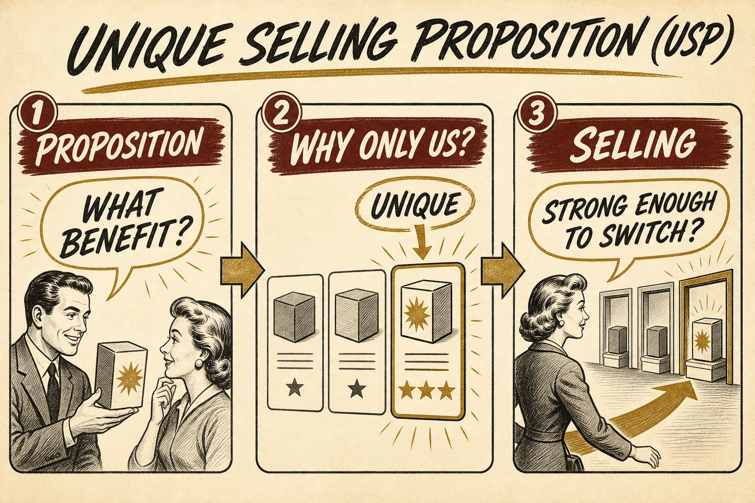 Labeled three-card diagram testing a USP for a specific proposition, competitive uniqueness and enough selling power to cause switching